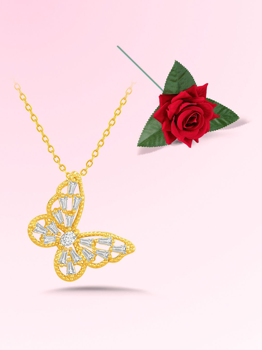 Peora Gold-Plated CZ Studded Butterfly Shaped Minimal Chain With Red Rose