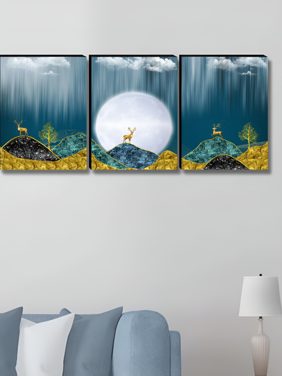 Aura Blue & White 3 Pieces Moon Deer Printed Wooden Wall Paintings