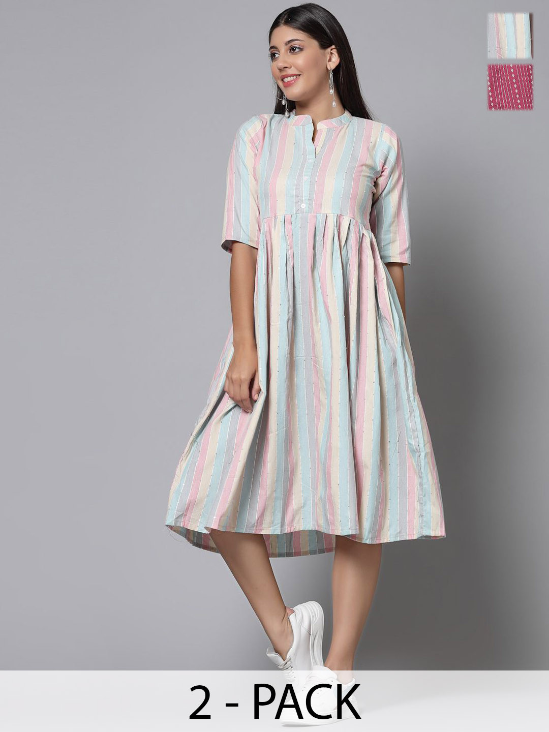 Moda Rapido Selection Of 2 Striped Mandarin Collar A Line Pure Cotton Dress