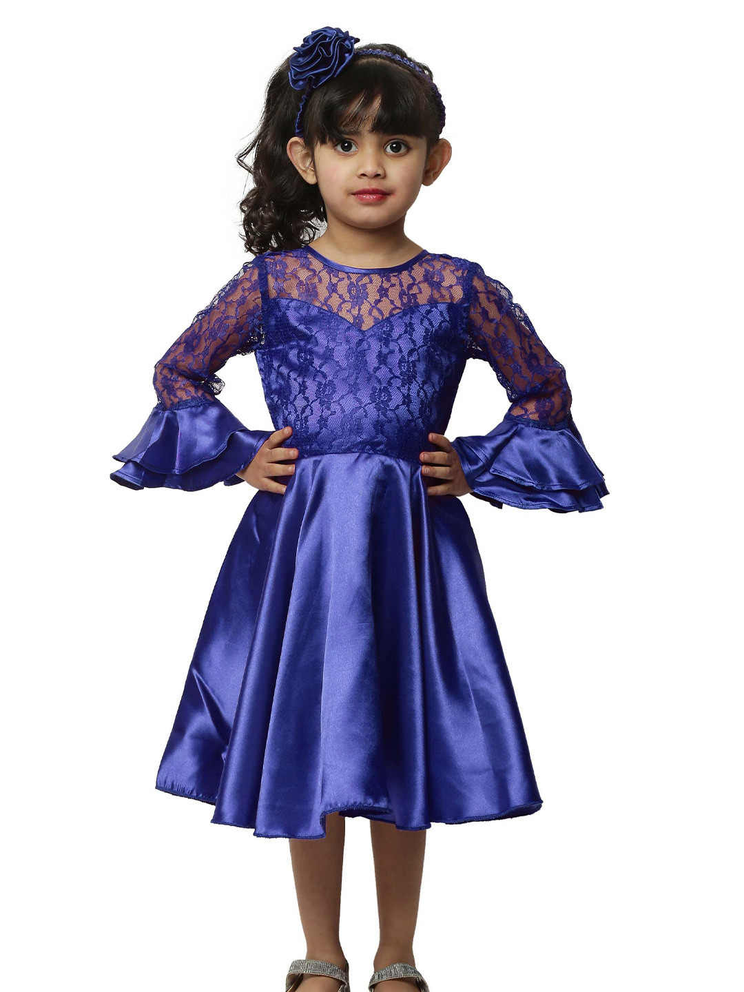 Wow Princess Girls Satin Bell Sleeve Lace Detail Fit and Flare Midi Dress