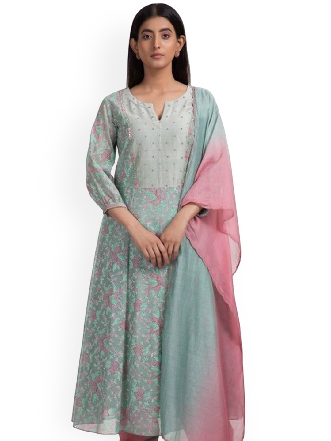 Chhaya Mehrotra Floral Printed Chanderi Cotton A-Line Kurta With Salwar & Dupatta