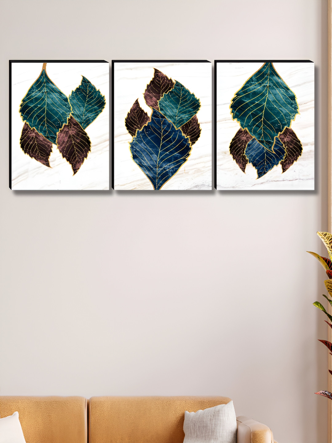 SAF Leafs Wood 3 Pcs Wall Rectangle Paintings Wall Art -23.8x12In