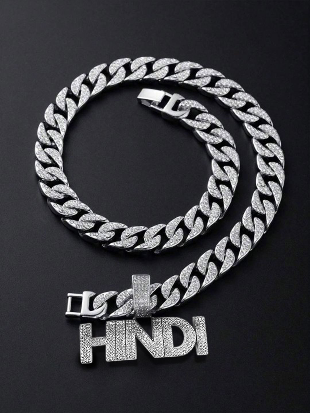 KRENOZ Men Silver-Plated Rhinestone Studded Hindi Pendant With Cuban Link Chain