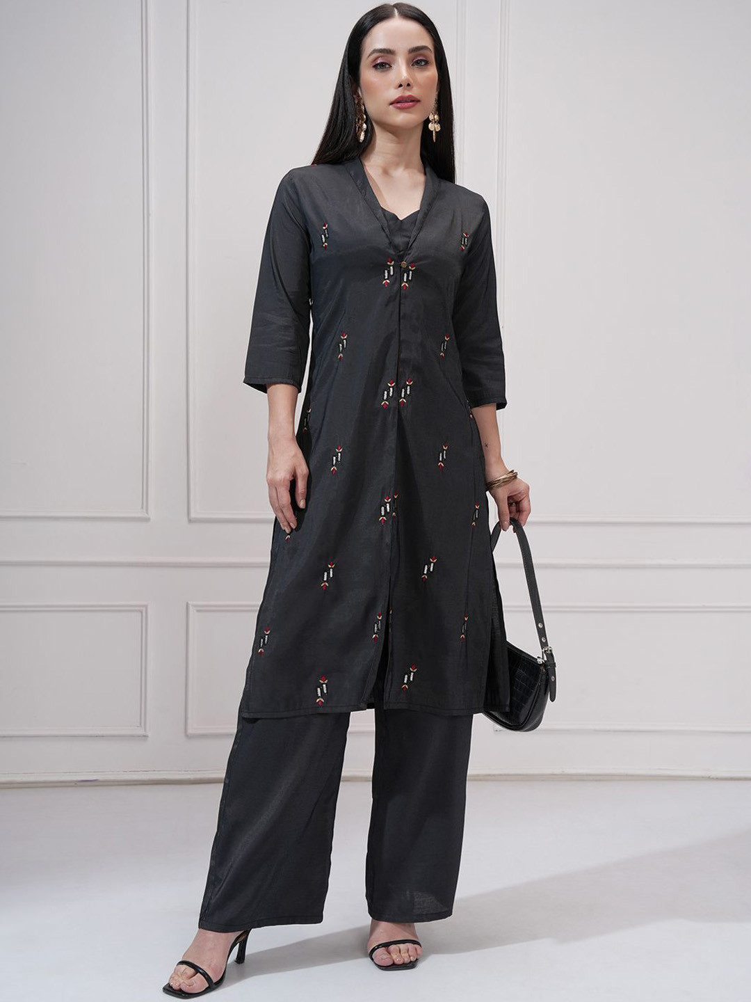 Vishudh Floral Embroidered Front Open Shrug With Bustier Top & Palazzo Co-Ord Set