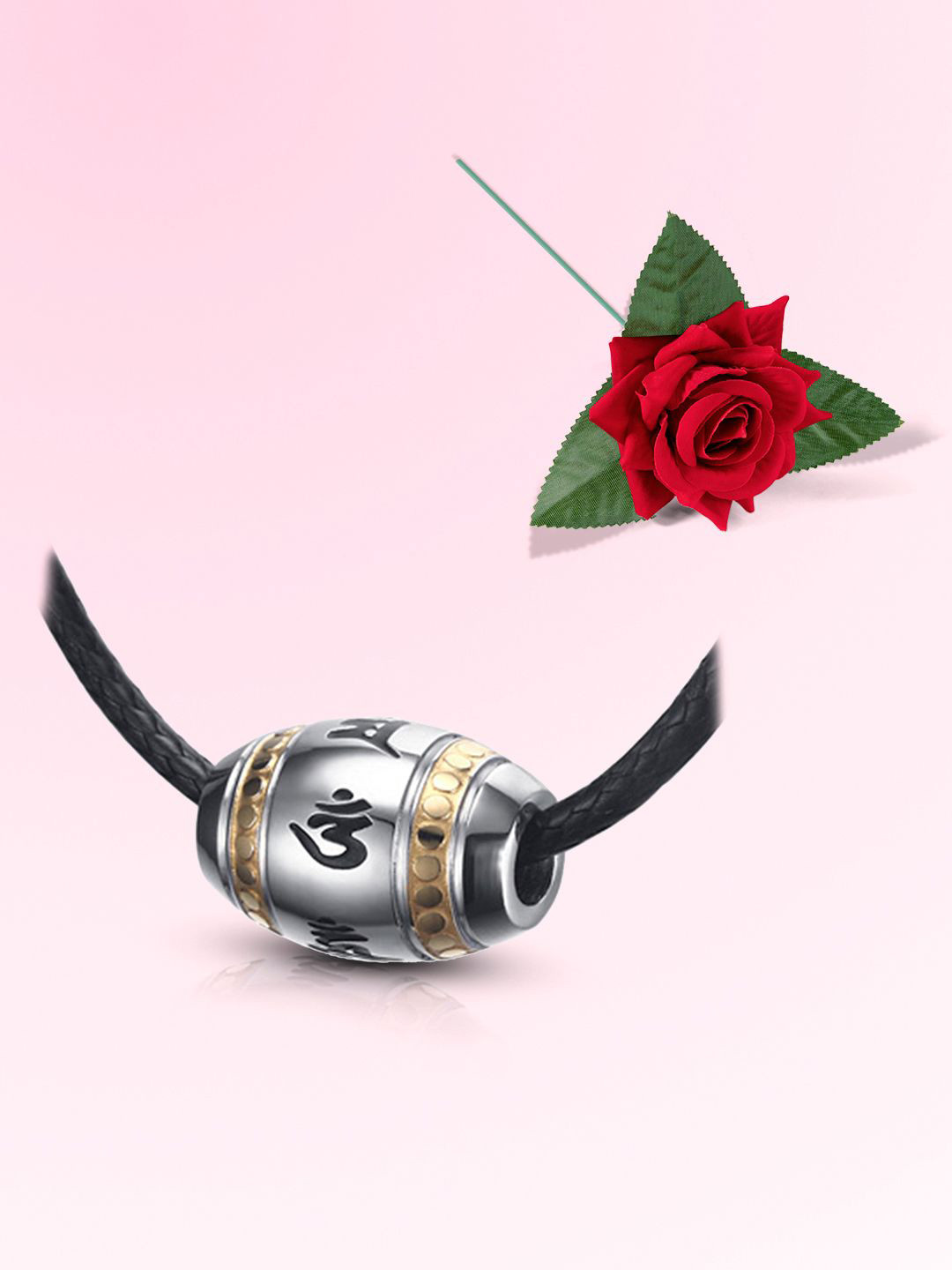 Peora Men Silver-Plated Om Drum Cylinder Shaped Pendant With Red Rose