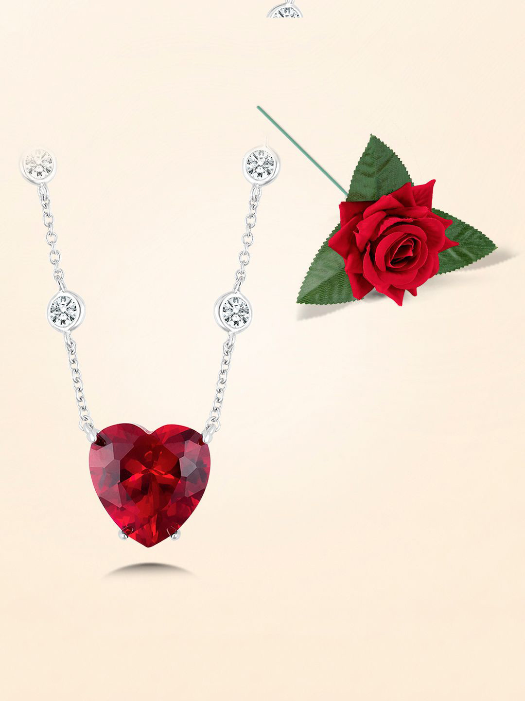 Peora Brass Silver-Plated CZ Studded & Heart Shaped Minimal Chain With Red Rose