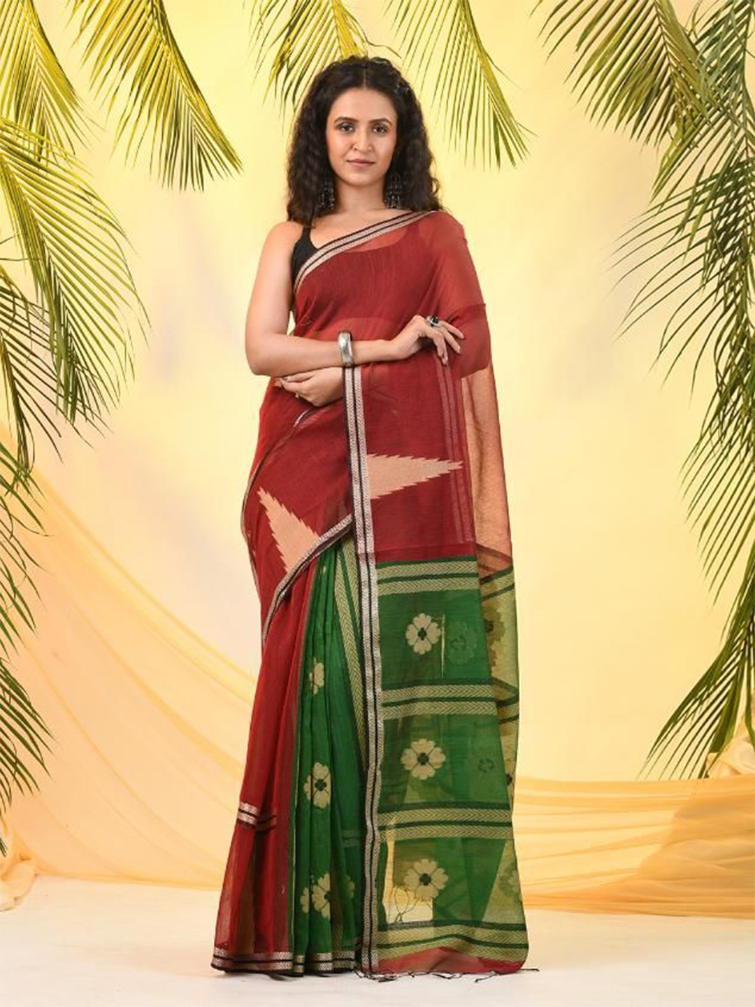 VIBHAVARI Printed Zari Border Half and Half Saree