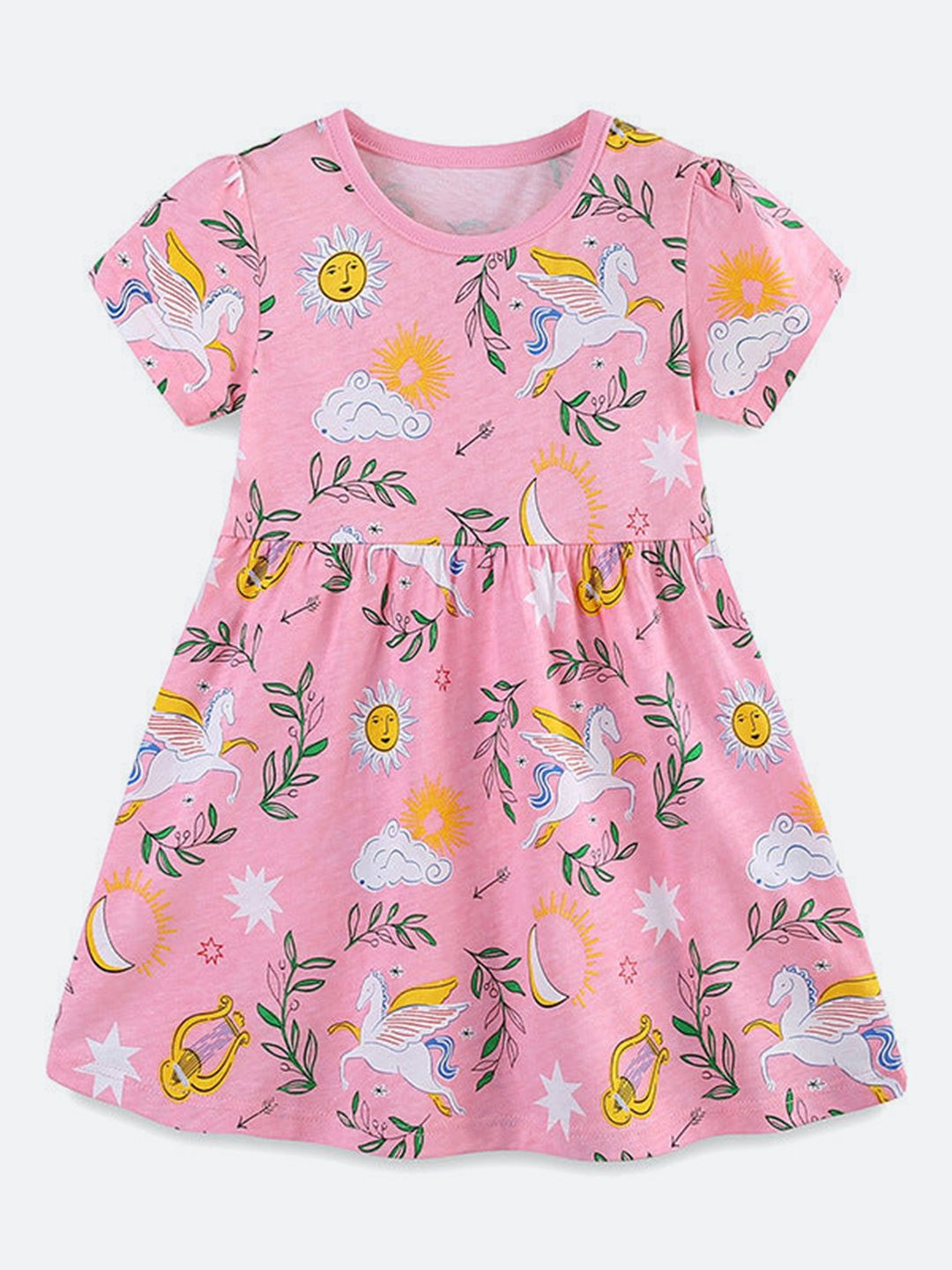 Oh Rare Girl Cartoon Unicorn Printed Fit & Flare Cotton Dress