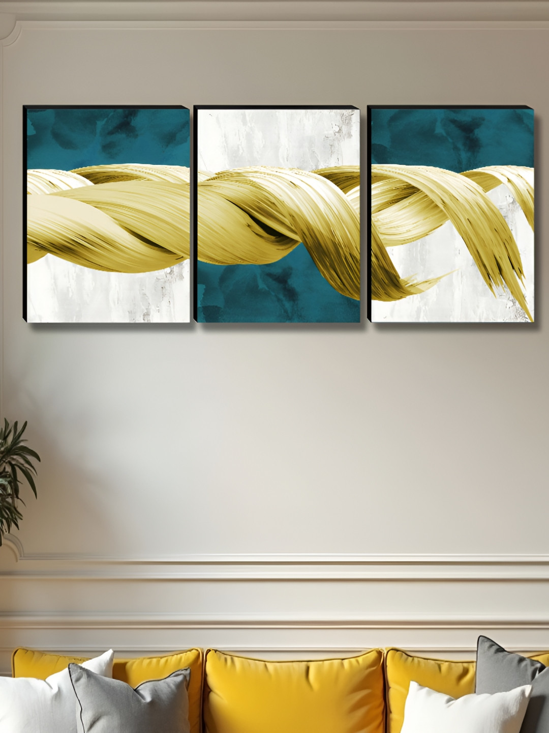 SAF Gold-Toned & White 3 Piece Abstract Printed Wood Wall Art