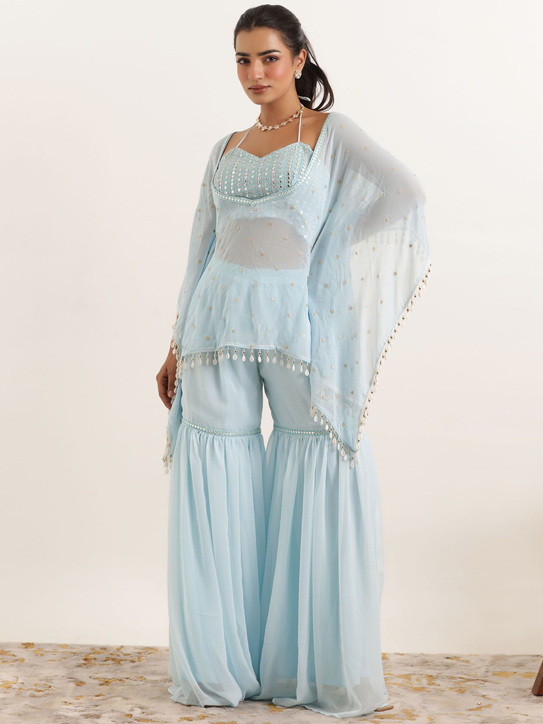 DEASHA INDIA Ethnic Motifs Embroidered Mirror Work Tunic With Palazzo