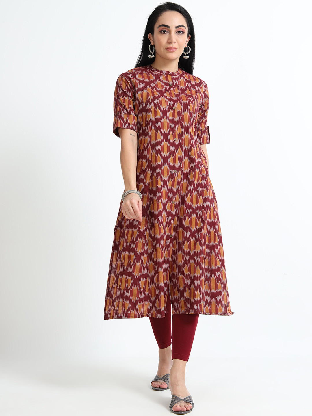 FLAVIDO Geometric Printed Mandarin Collar Cotton A-Line Kurta