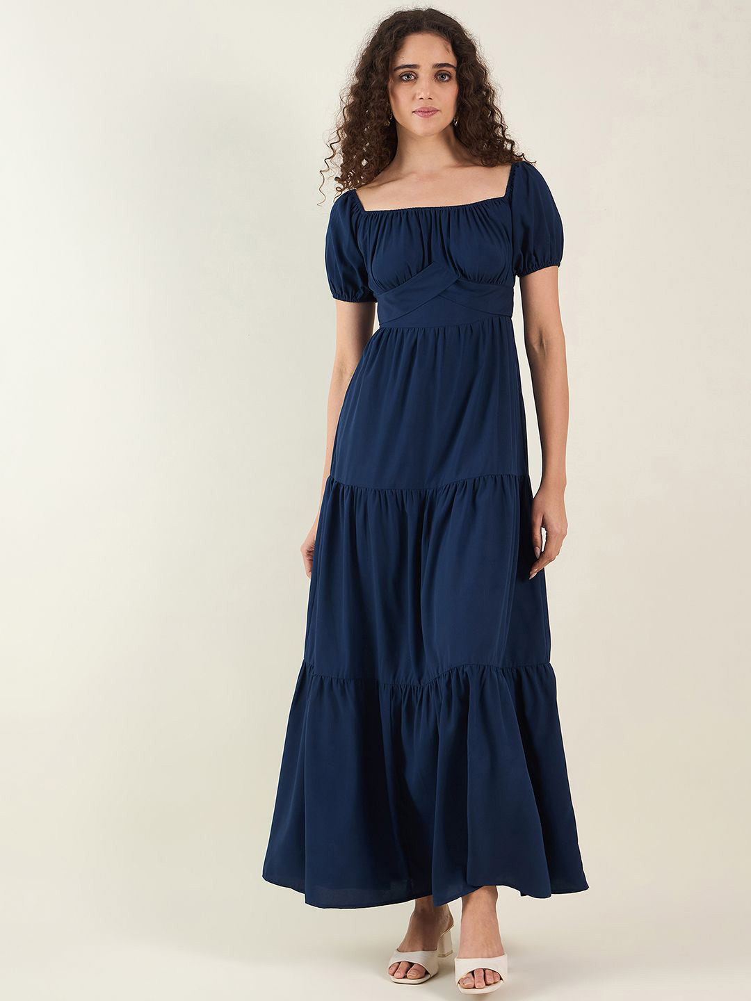 aayu Women Puff Sleeve Crepe Fit-Flare Maxi Dress