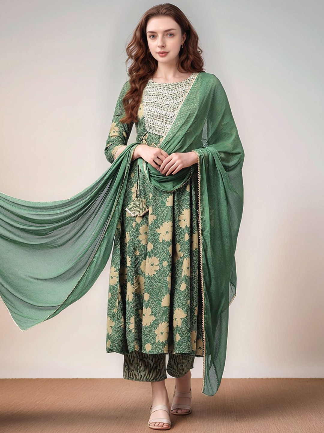 Black Teetar Floral Printed Embroidered Anarkali Kurta with Trousers & Dupatta
