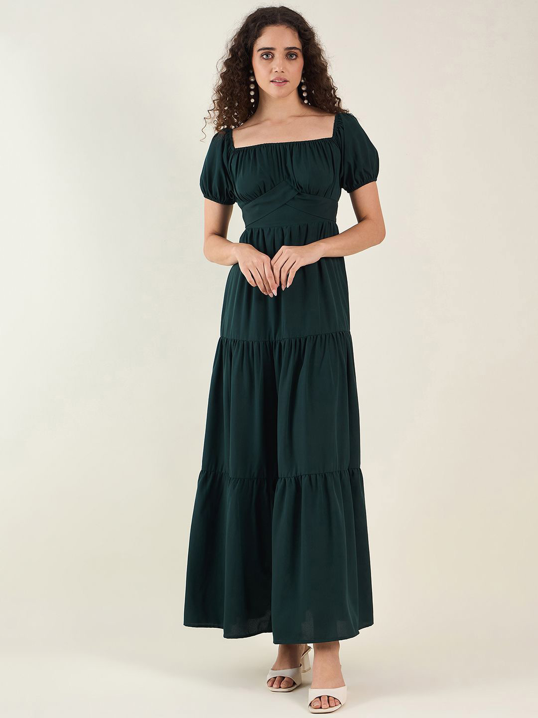 aayu  Solid Green Puff Sleeve Square Neck Tiered Maxi Dress