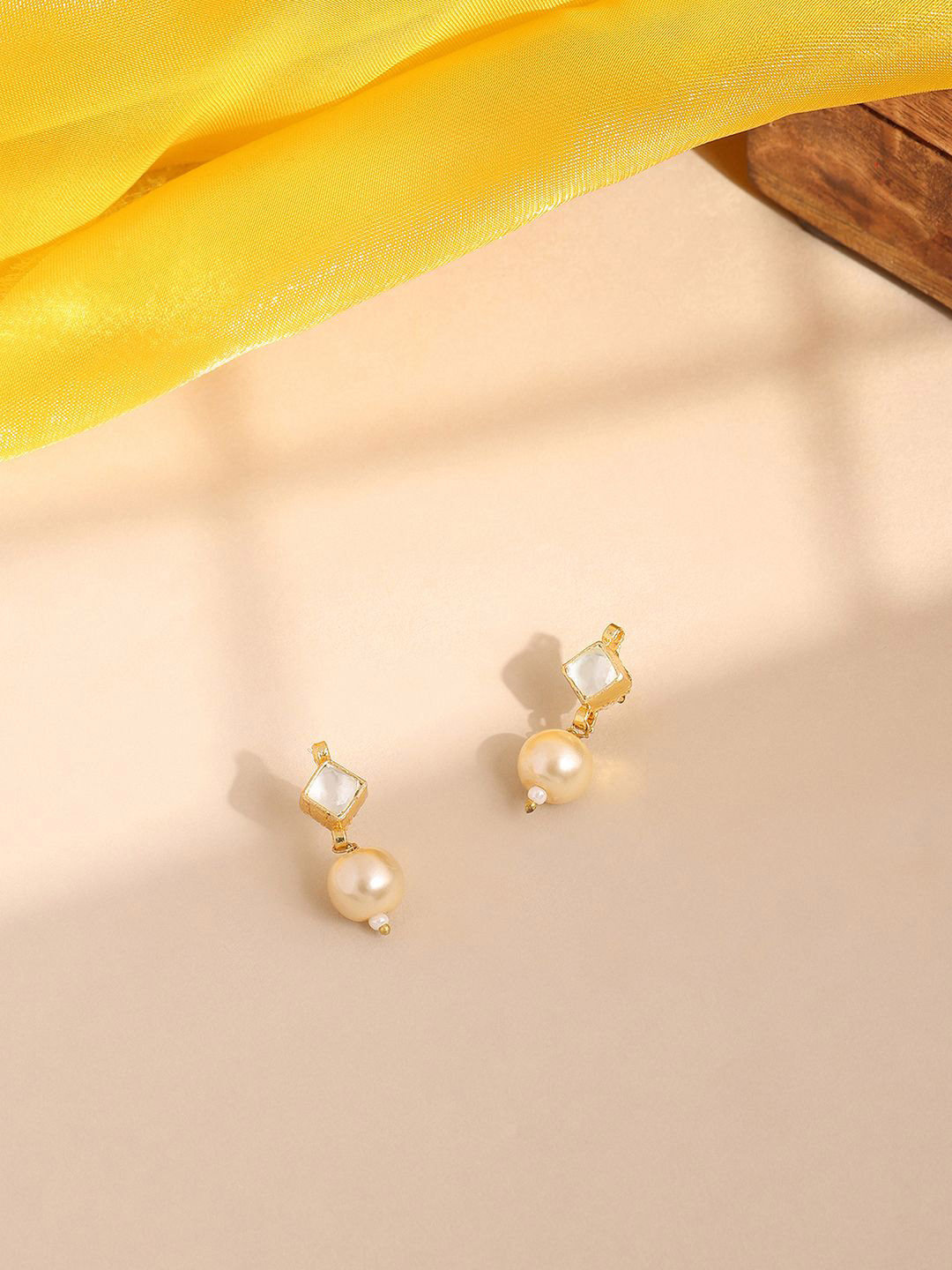 Ruby Raang Girls Gold-Plated Kundan Studded & Pearls Beaded Square Shaped Drop Earrings