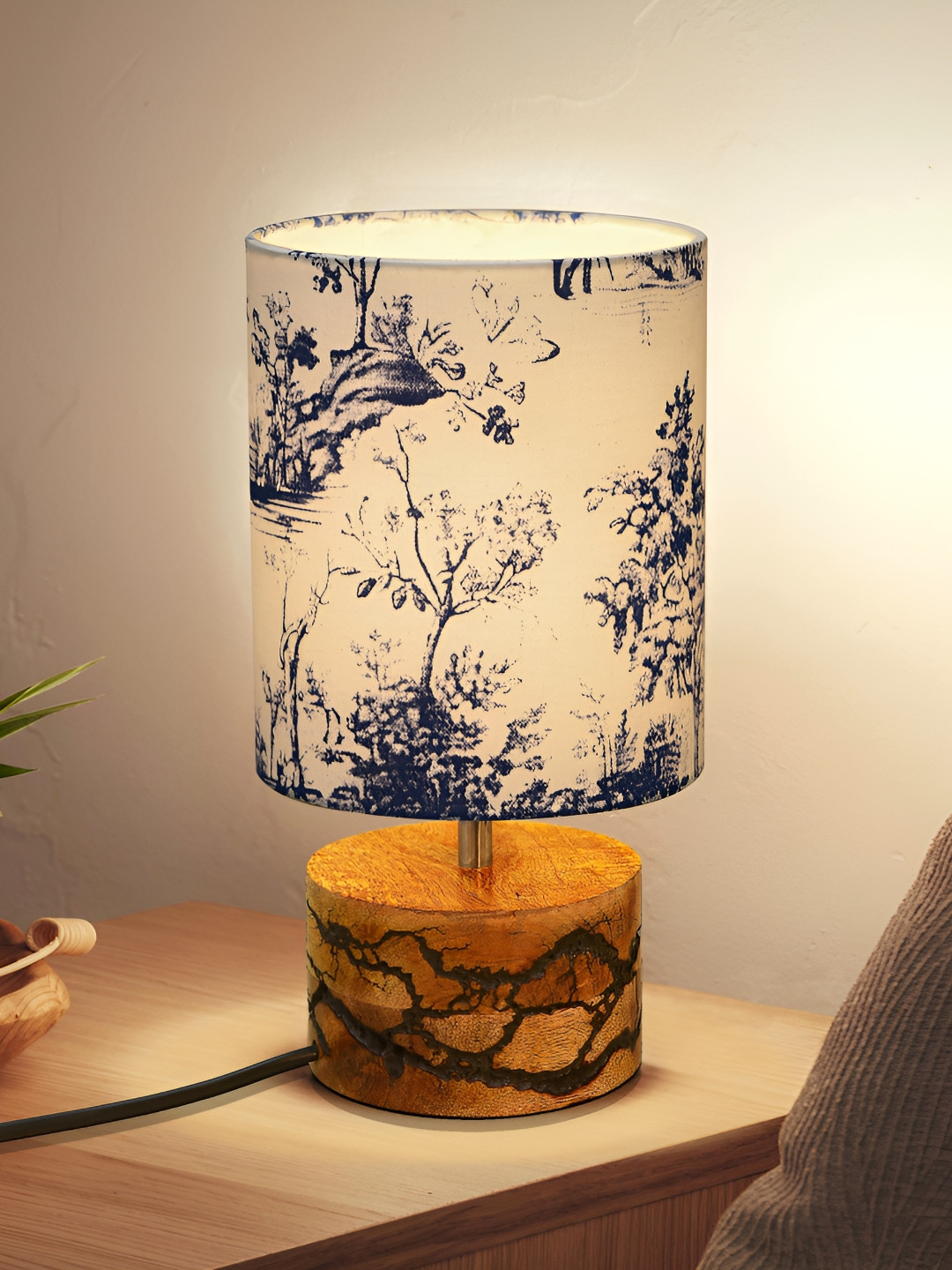 Homesake White Printed Wood Industrial Cylindrical Shaped Table Lamp