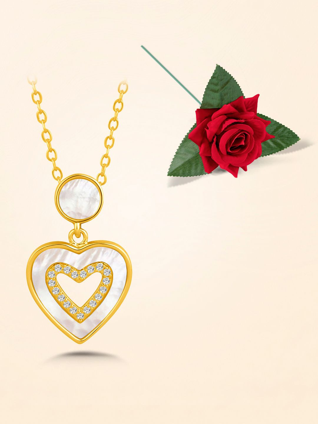 Peora Gold-Plated CZ Heart Shaped Pendant Chain With Red Rose