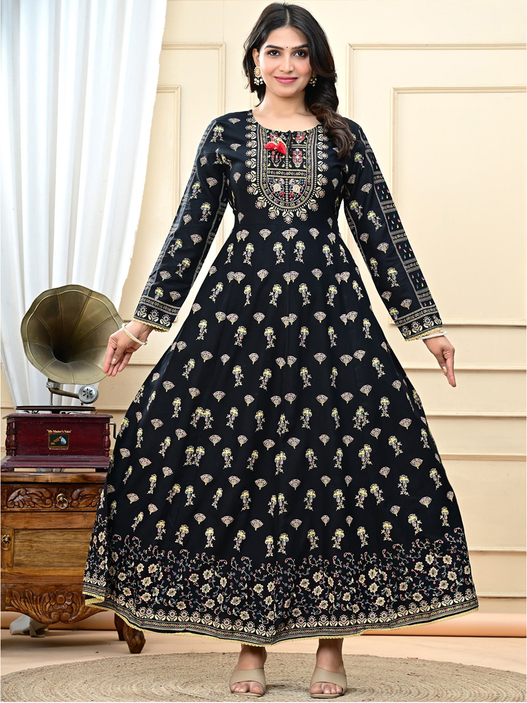 RAABA Floral Printed Beads and Stones Anarkali Kurta