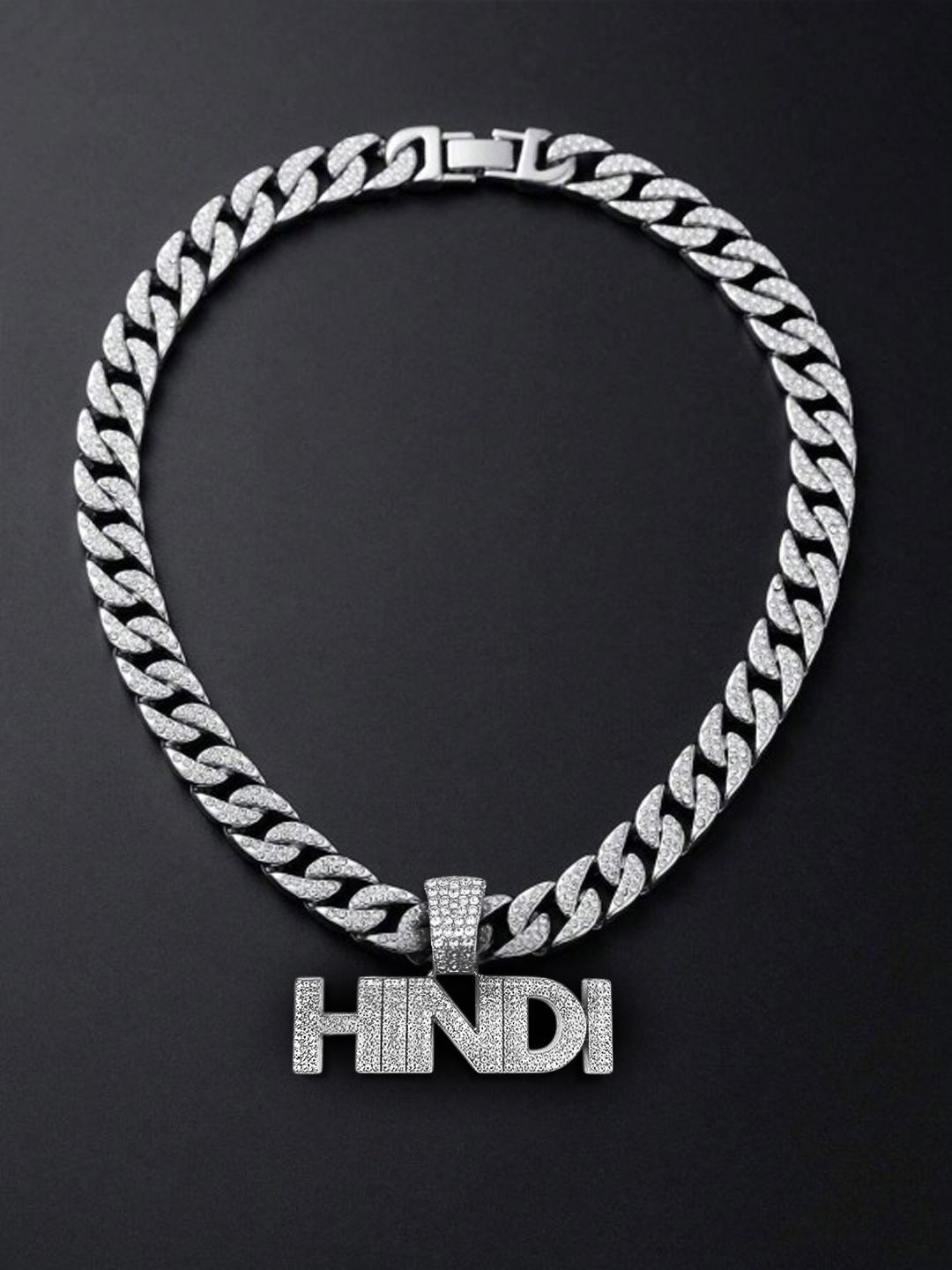 KRENOZ Men Silver-Plated Rhinestone Studded Hindi Pendant With Cubans Link Chain