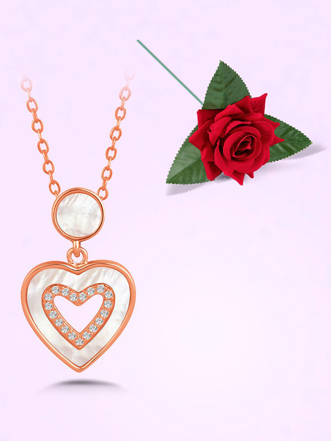 Peora Rose Gold-Plated CZ Heart Shaped Pendant Chain With Red Rose