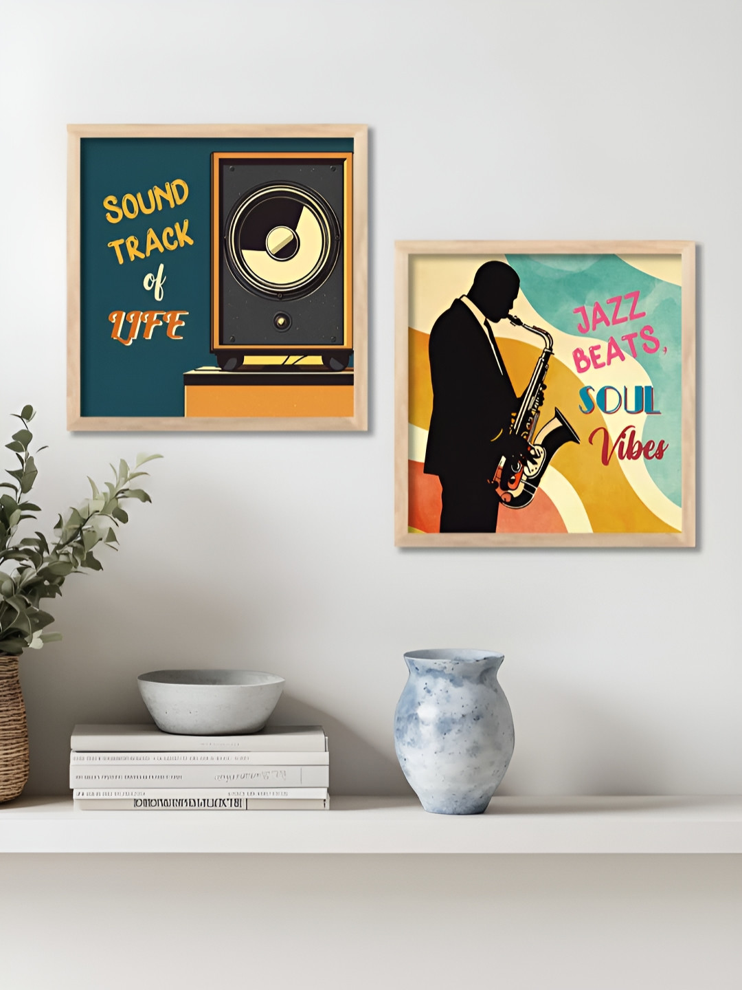 WALLLANE Brown & Navy Blue 2 Pieces Wood Music Theme Wall Art