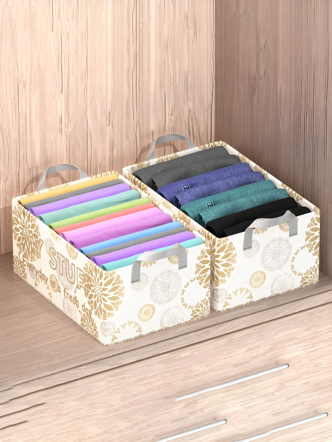 Myntra Elegant Homes White & Beige 2 Pcs Foldable Non-Woven Storage Box Drawer Organisers