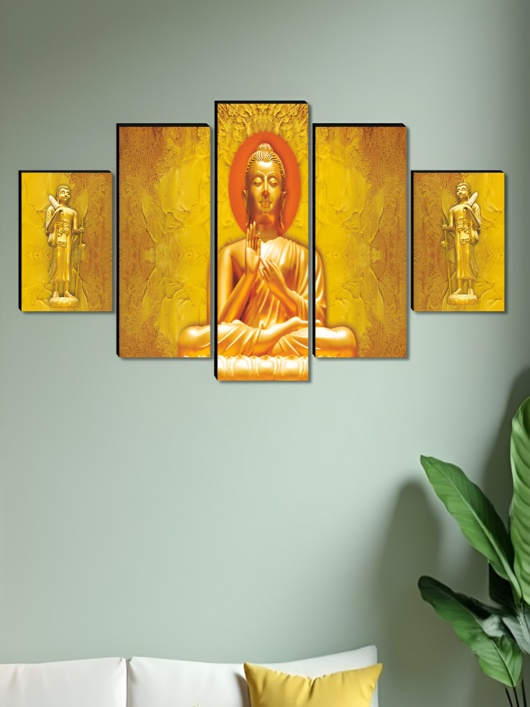 SAF Gold-Toned & Orange 5 Pieces Wood Religious Wall Paintings