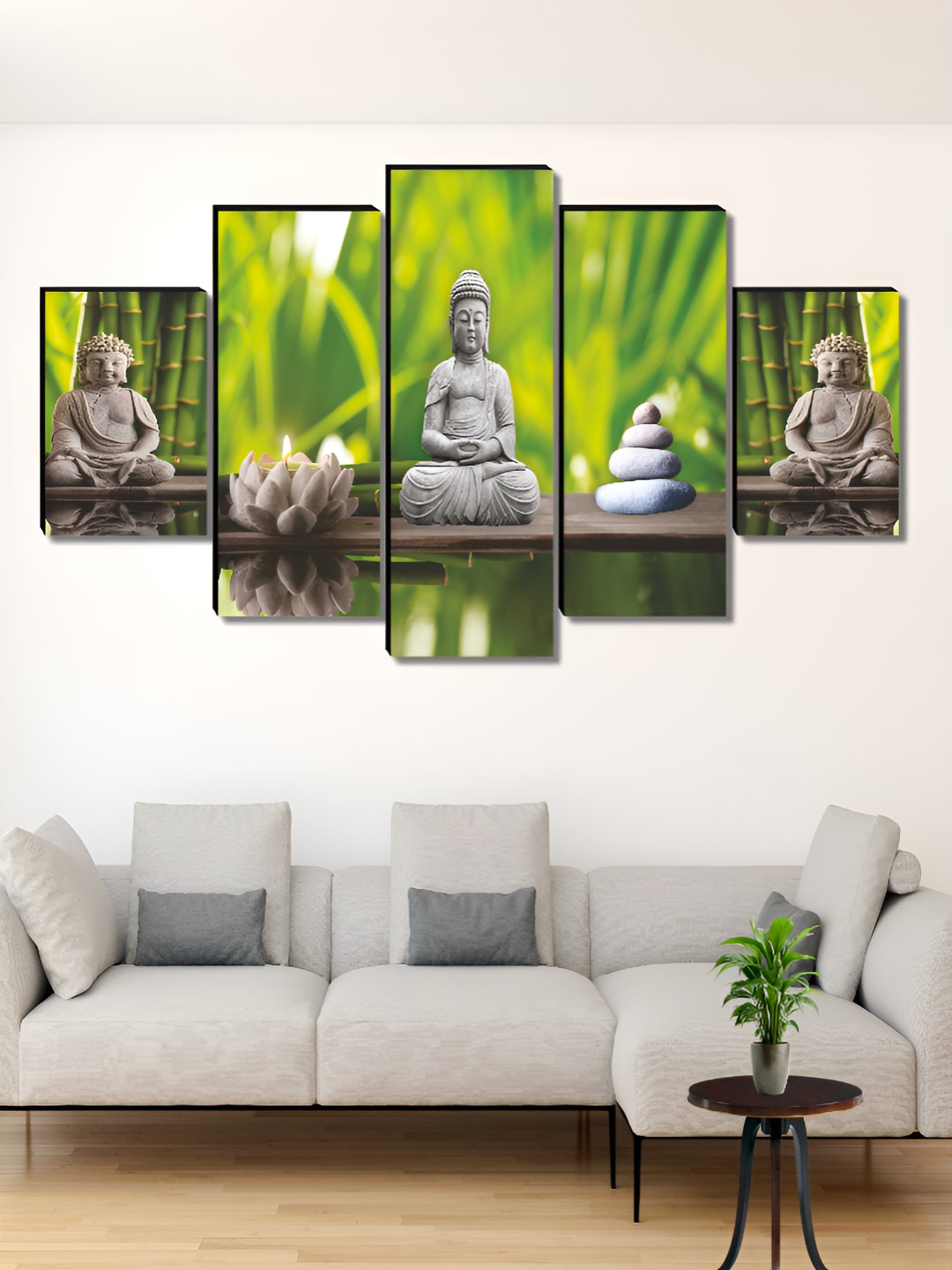 SAF Green And Grey 5 Pieces Buddha Religious Printed Wooden Wall Art
