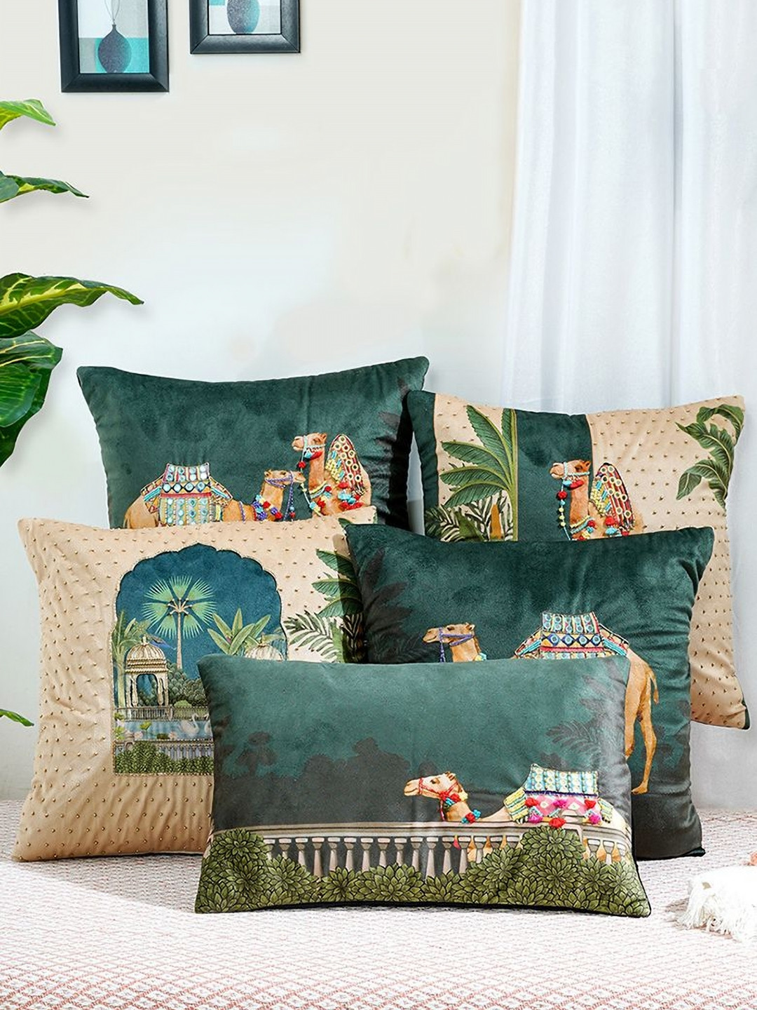Mid July Home Royal Green 5 Pieces Ethnic Motifs Embellished Velvet Square Cushion Covers