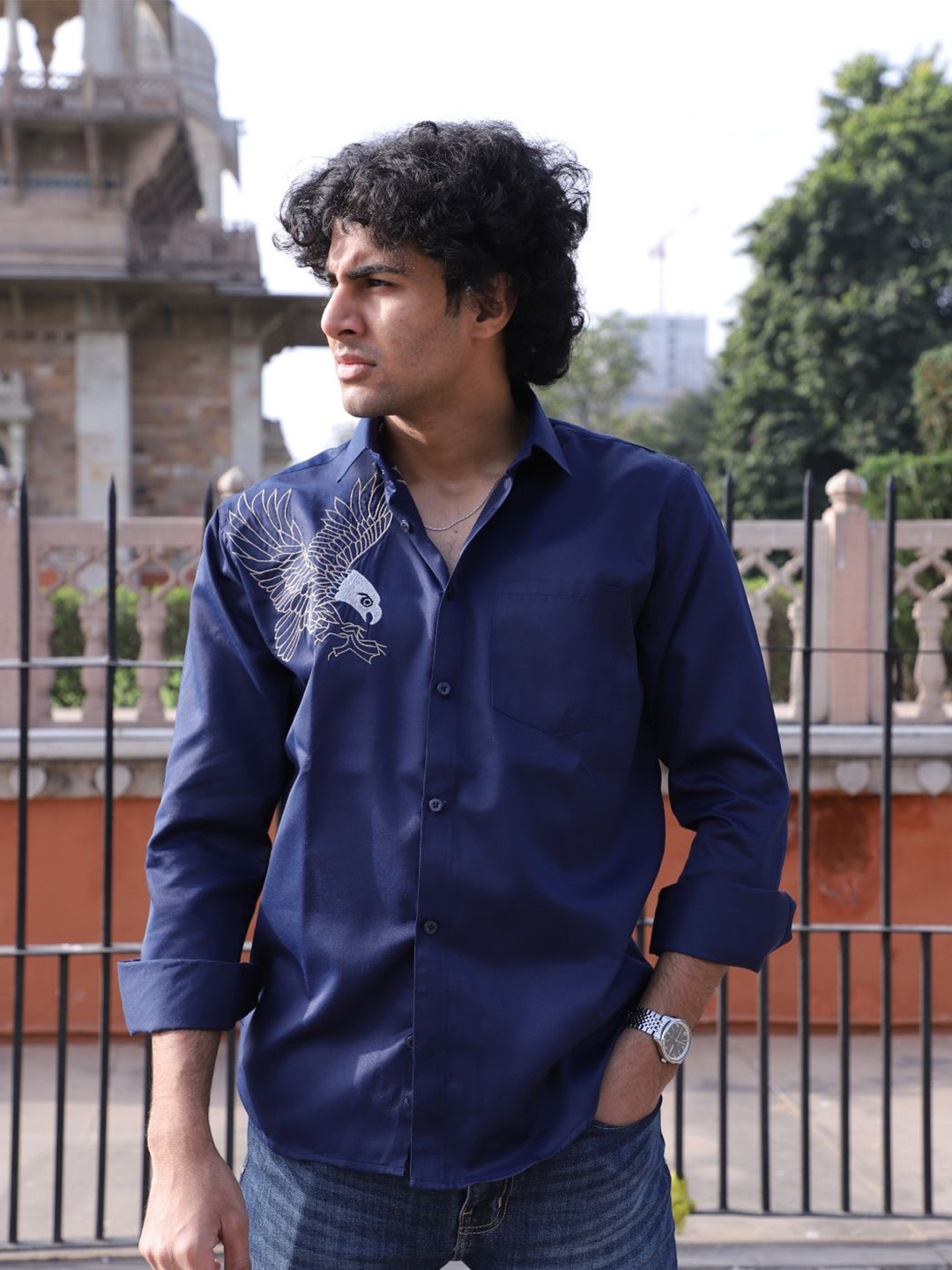 Who Wore Whhat Men Regular Fit Spread Collar Eagle Embroidered Satin Casual Shirt