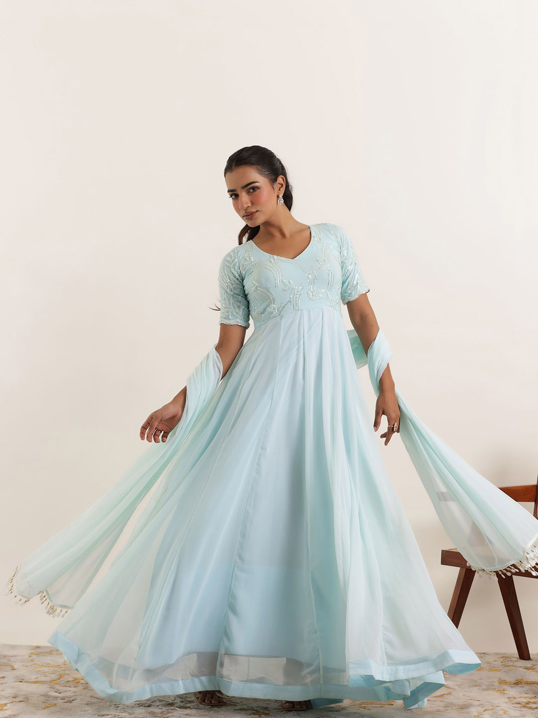 DEASHA INDIA AAVYA Floral Yoke Design V-Neck Empire Anarkali Kurta With Trouser & Dupatta