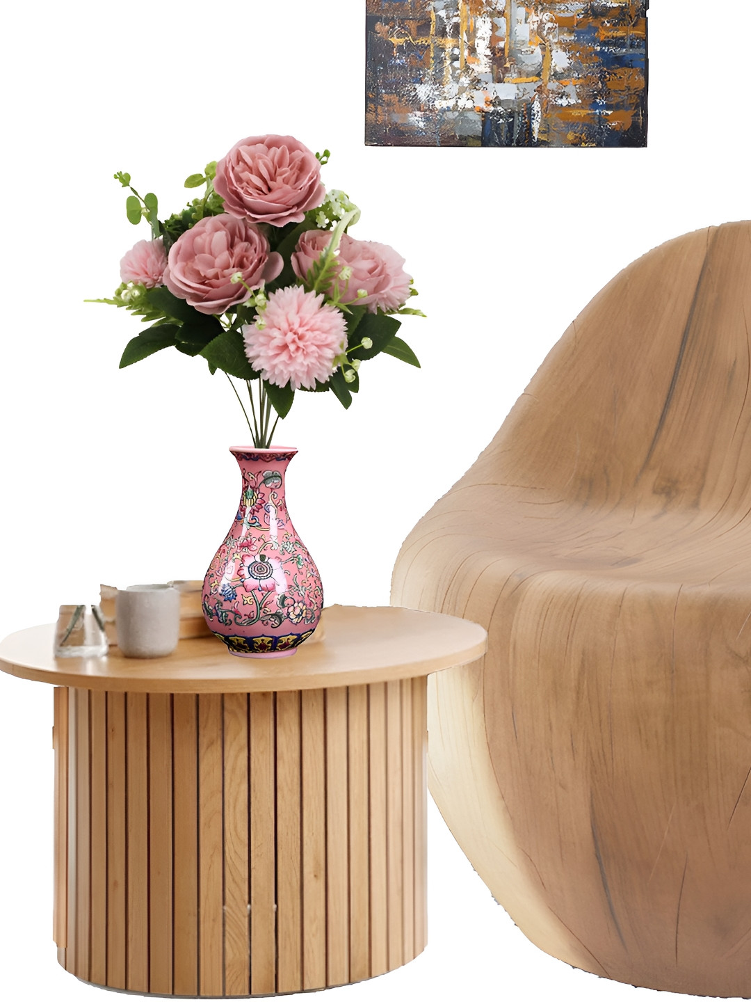 OGI INTERIORS Peach-Coloured & Green Chrysanthemum Artificial Flower