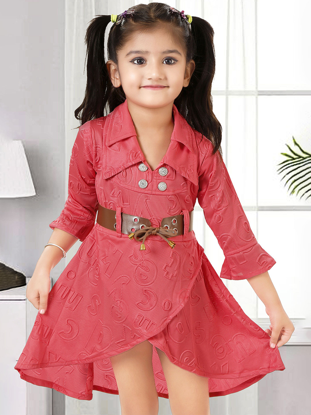 KAARIGARI Girl Shirt Collar Bell Sleeves Fit & Flare Dress Comes with a belt