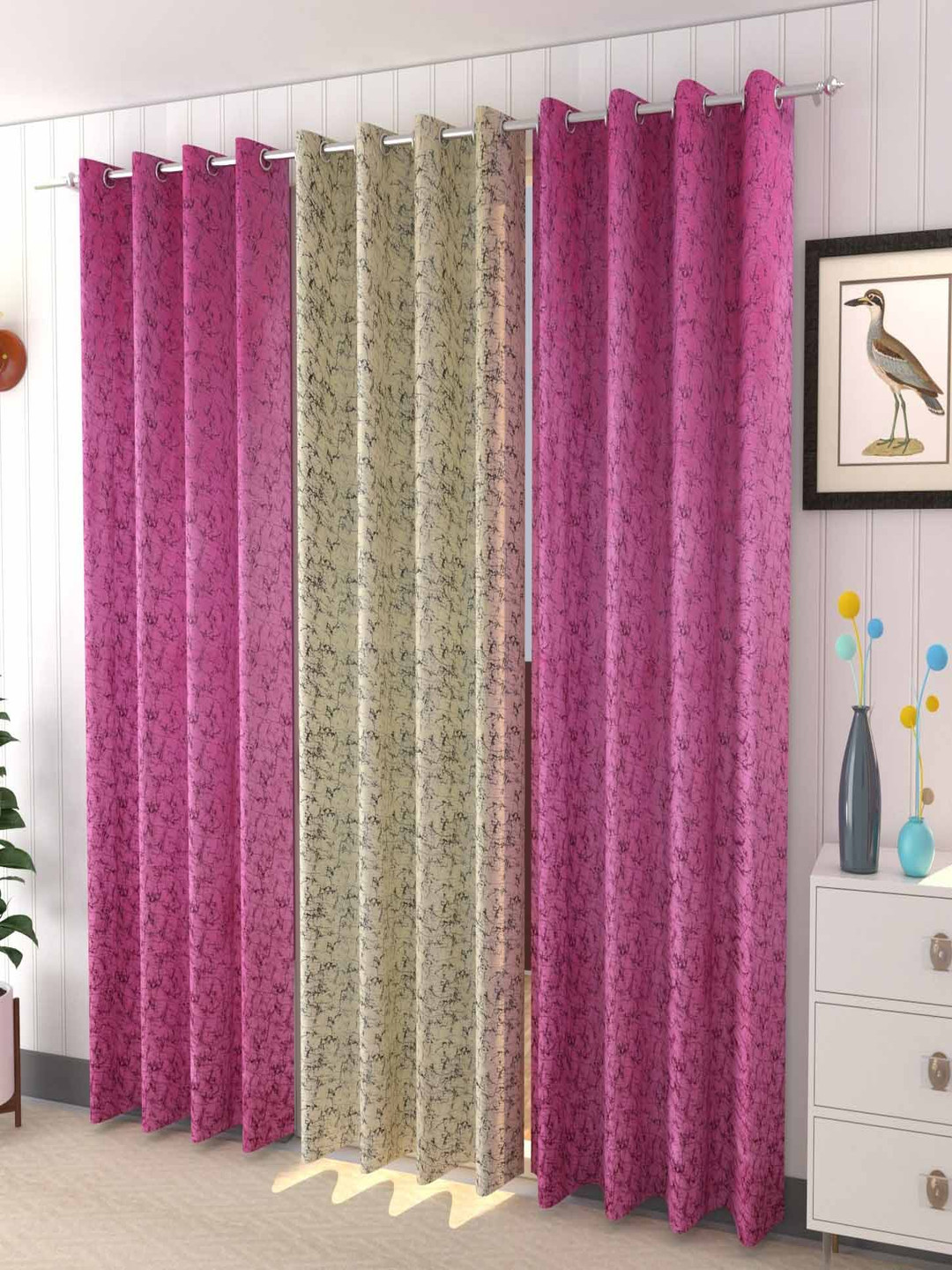 Galaxy Home Decor Pink and Yellow 3 Pieces Abstract Printed Long Door Curtains