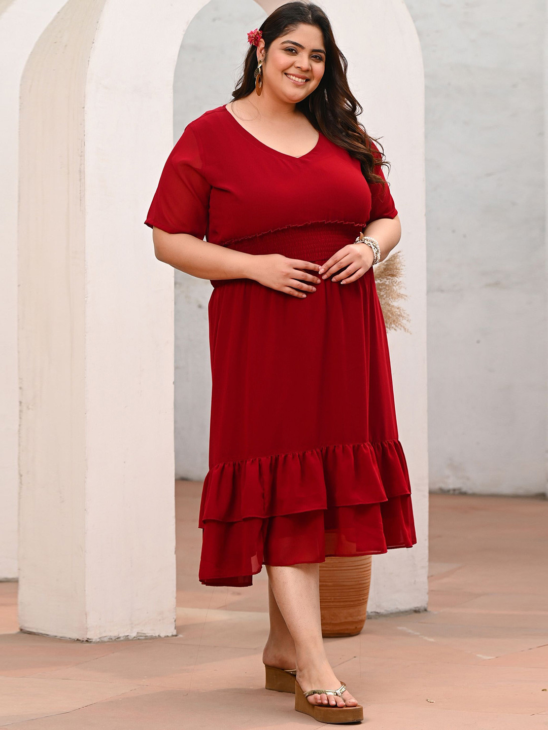 PrettyPlus by Desinoor.com Plus Size Maroon Flared Smock Dress