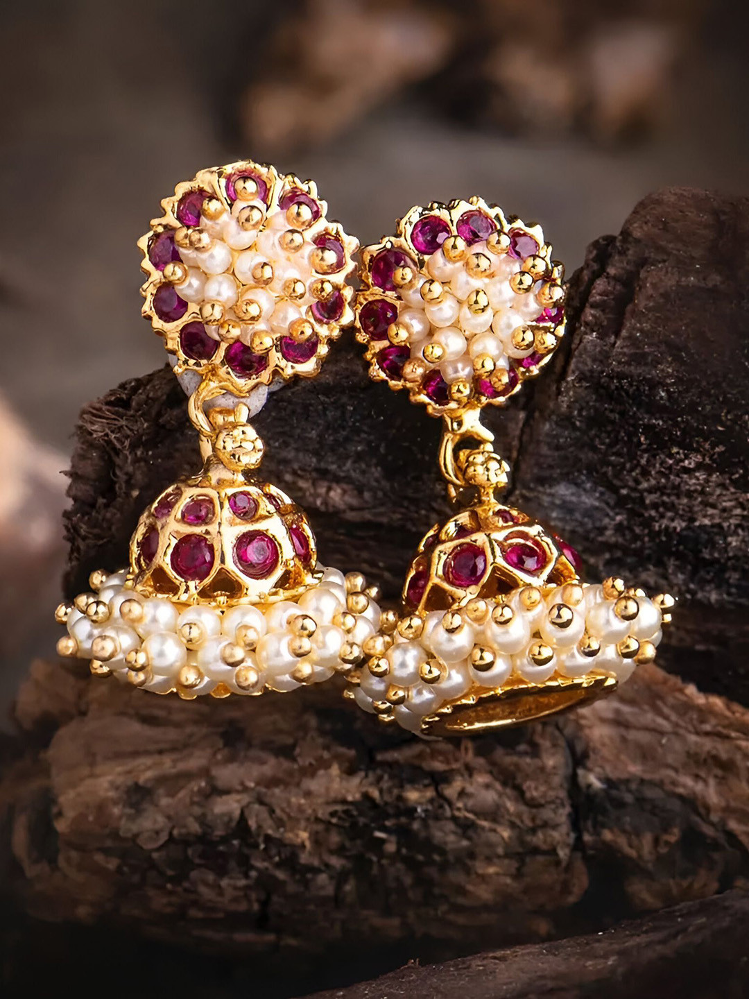 ELEGANTDREAM Gold-Plated Artificial Stones Studded & Beaded Dome Shaped Jhumkas