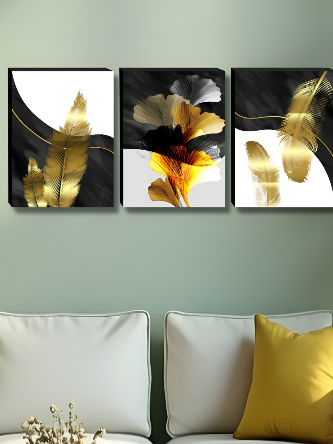 Aura Wing & Flowers Wood 3 Piece Wall Rectangle Paintings Wall Art -27 x 12 In