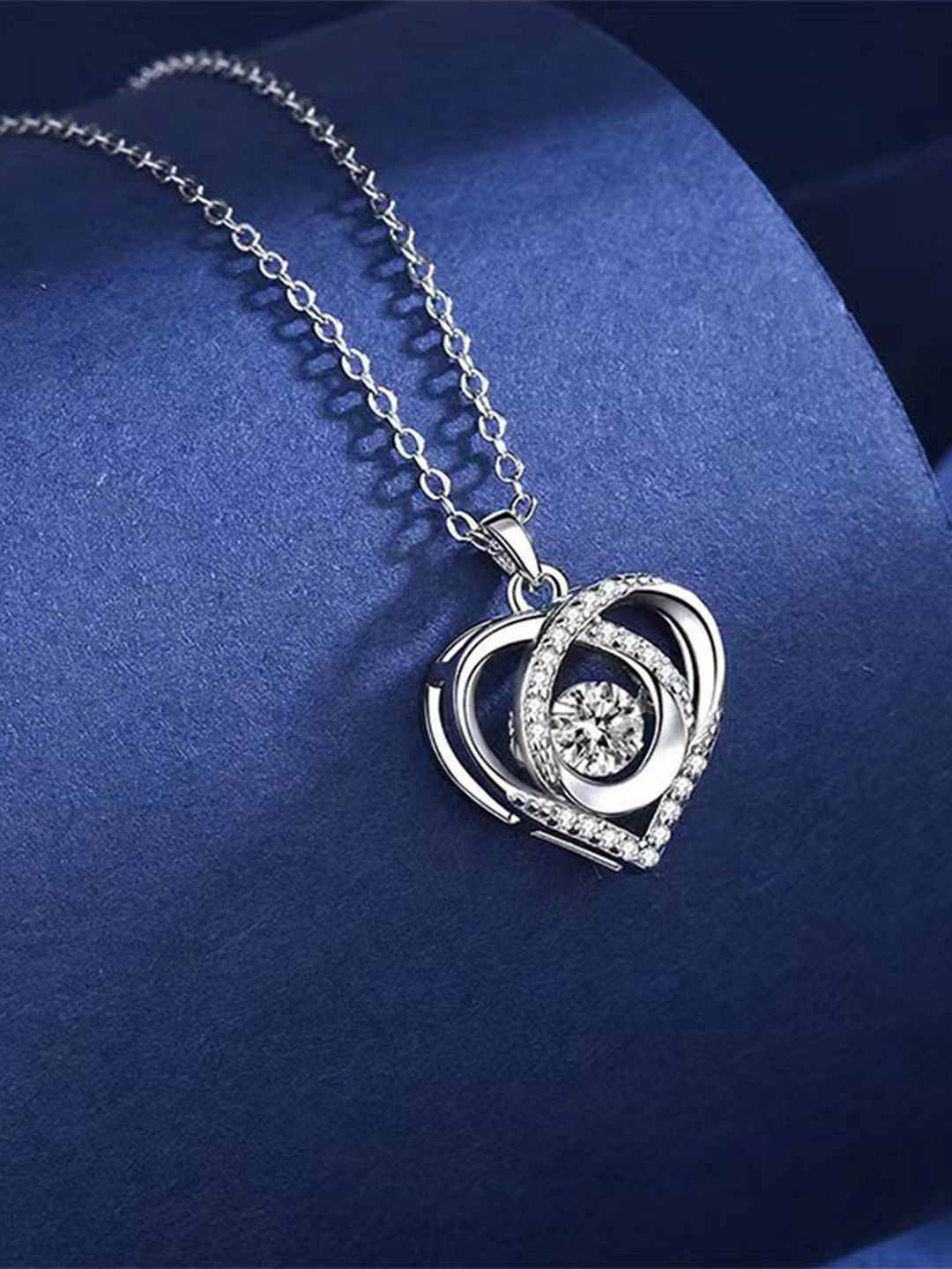 Peora Silver-Plated American Diamond Studded Heart Shaped Pendant With Chain And Rose