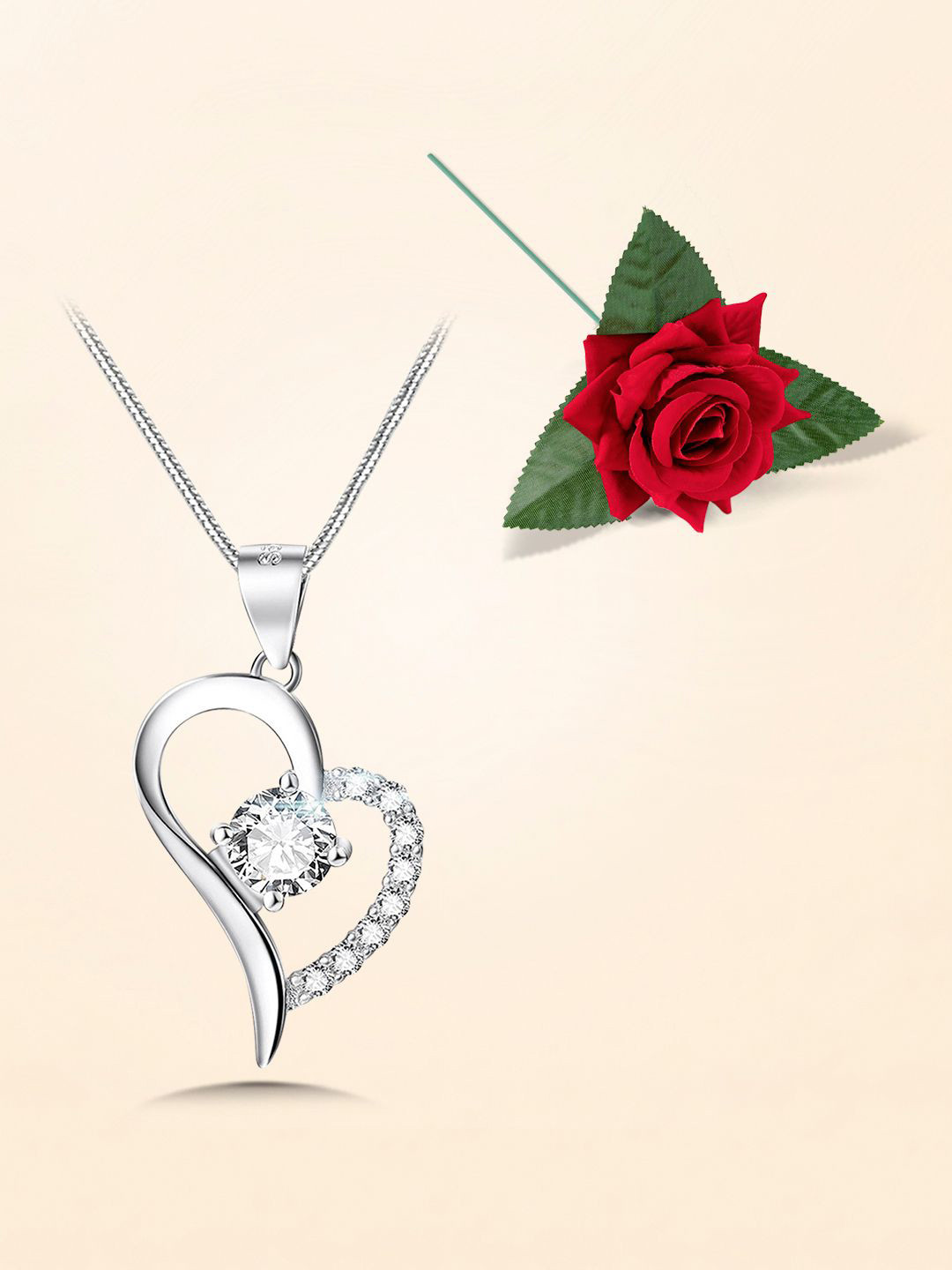 Peora Stainless Steel Silver-Plated Cubic Zirconia Studded Pendants with Chains & Red Rose
