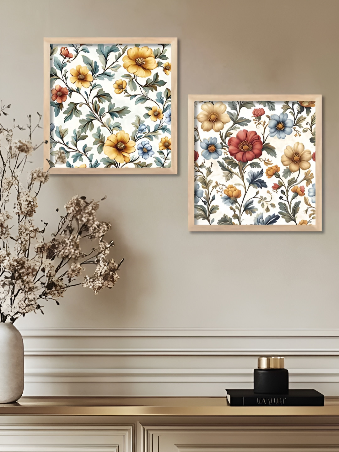 WALLLANE Madhubani Home Dcor Frames Wood 2 Piece Square Paintings Wall Art-10.2 x 21.3In