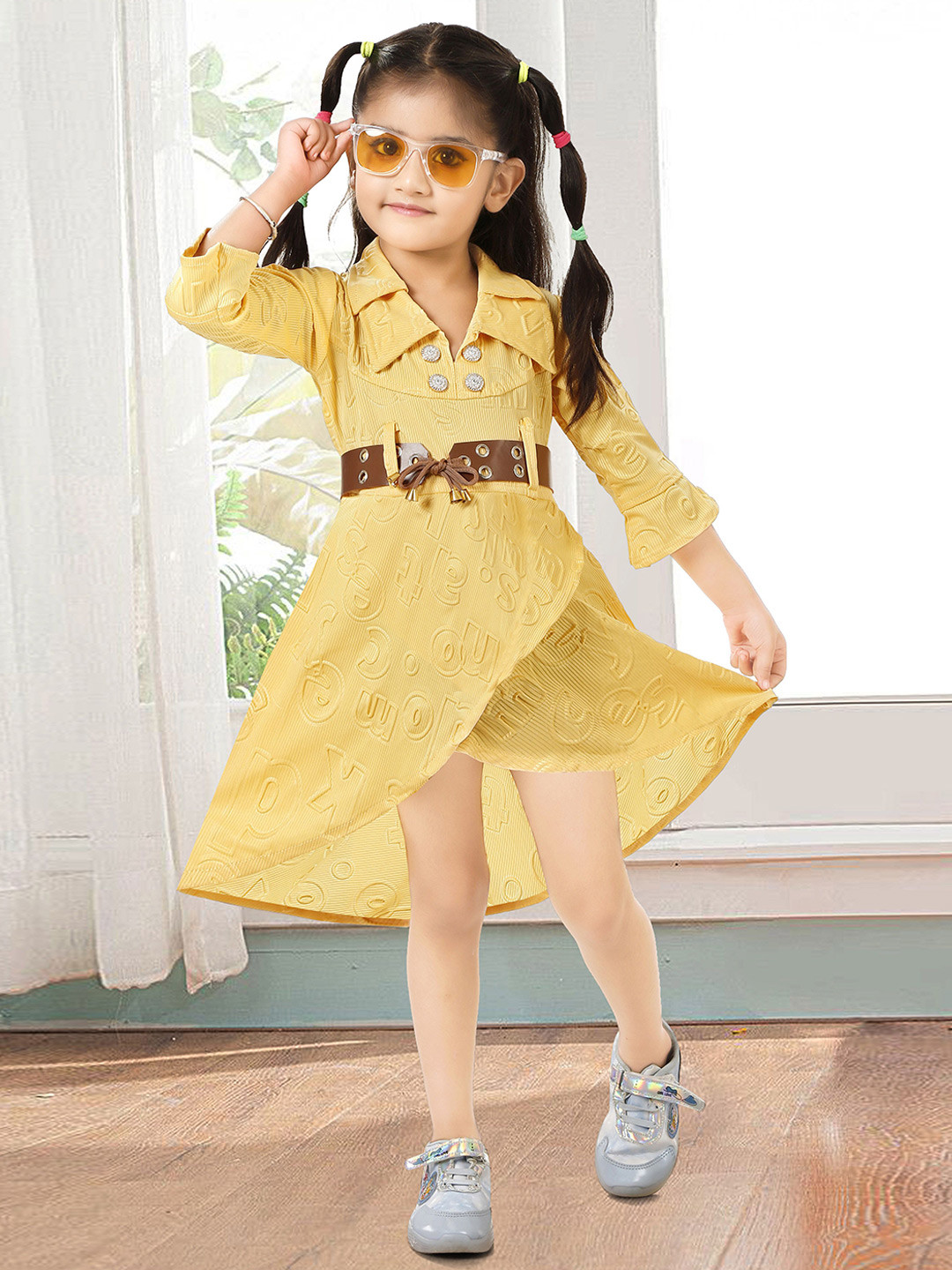 KAARIGARI Girls Shirt Collar Self Design Bell Sleeves A-Line Dress