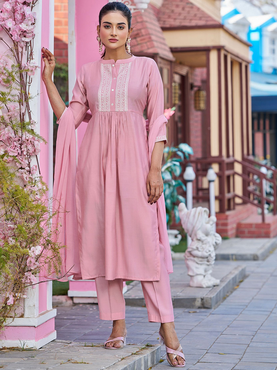 VIBE VISION Floral Yoke Design Mandarin Collar A-Line Kurta With Trousers & Dupatta