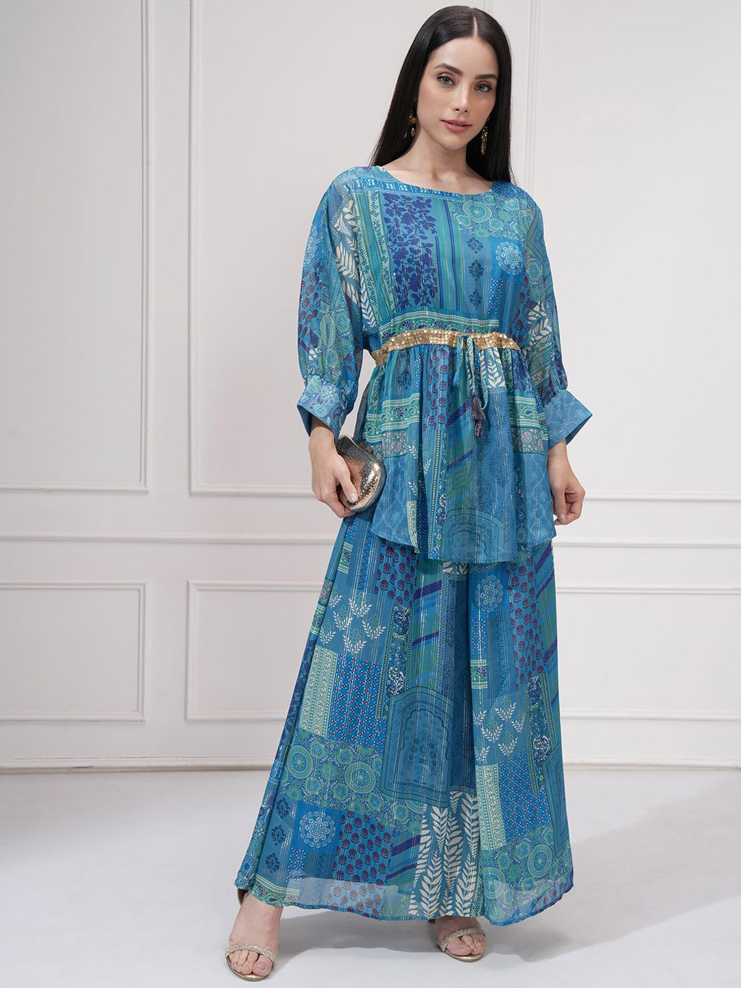 Vishudh Ethnic Motifs Printed Round Neck Kimono Tunic & Palazzos
