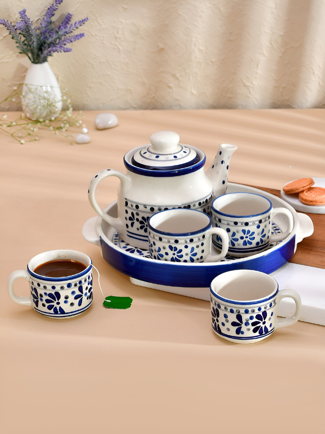 Aapno Rajasthan White & Blue 6 Pieces Printed Tea Set