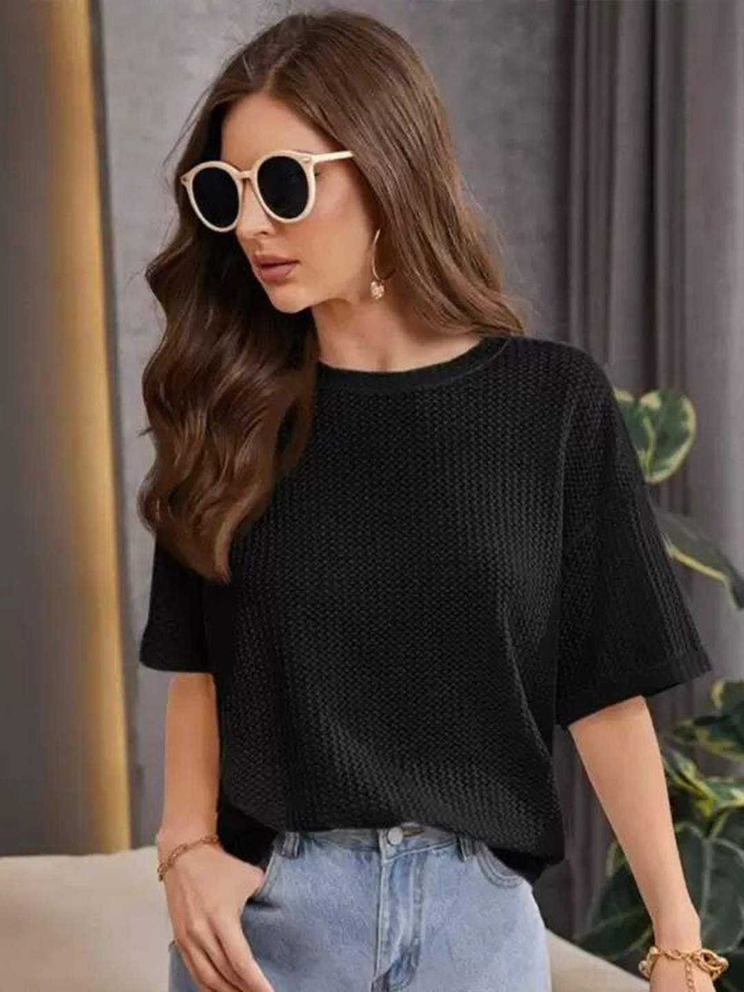 VDTREND Women Solid Round Neck Oversized T-shirt