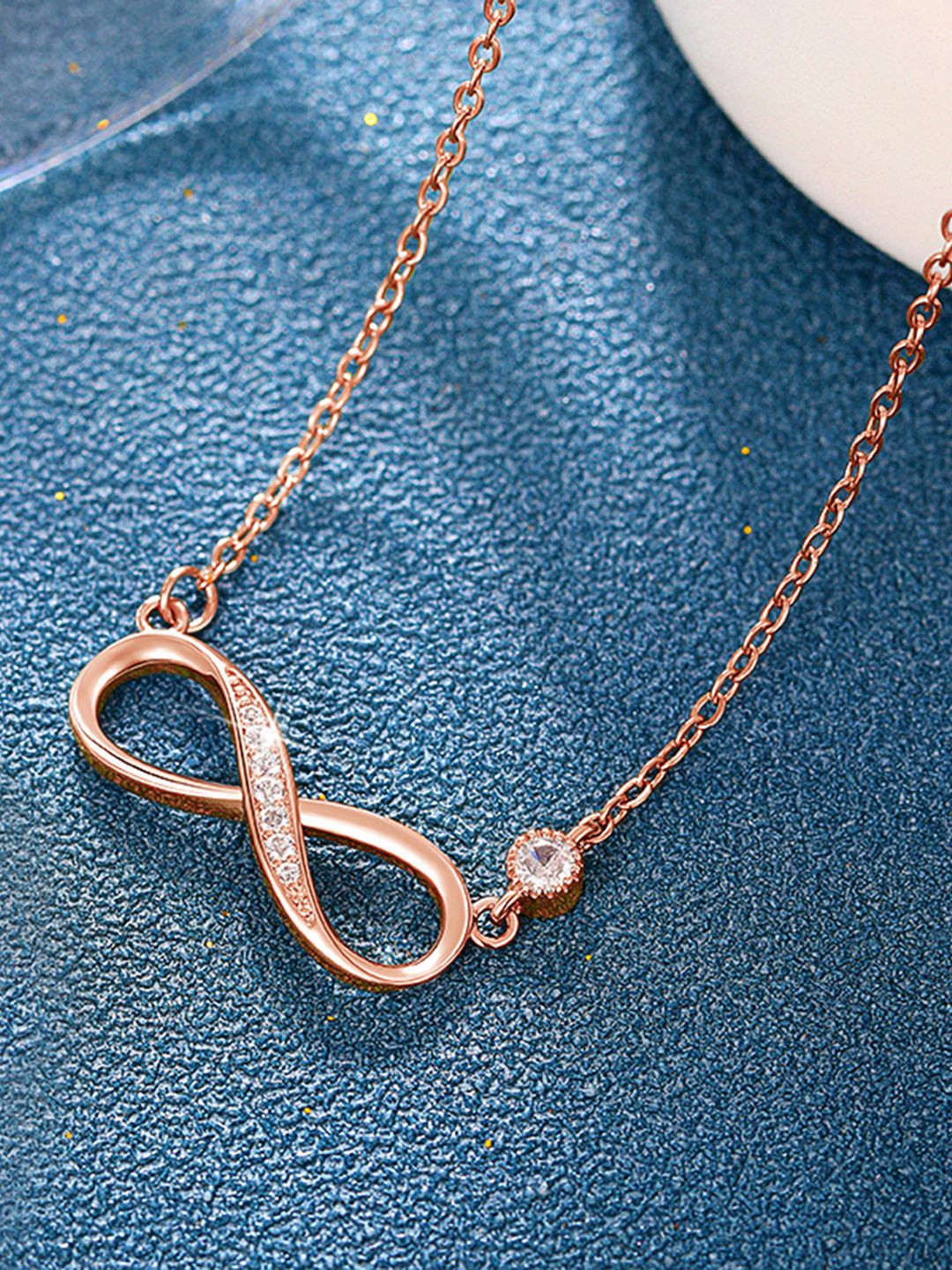Peora Rose Gold-Plated Infinity Shaped CZ Studded Pendant Chain With Red Rose