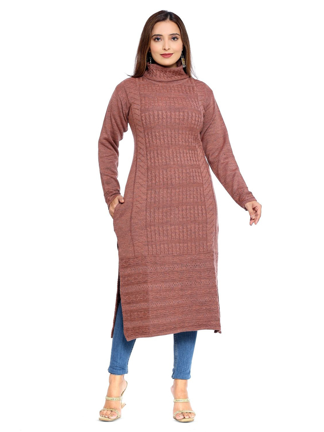 KNITZY Geometric Woven Design Woolen Straight Kurta