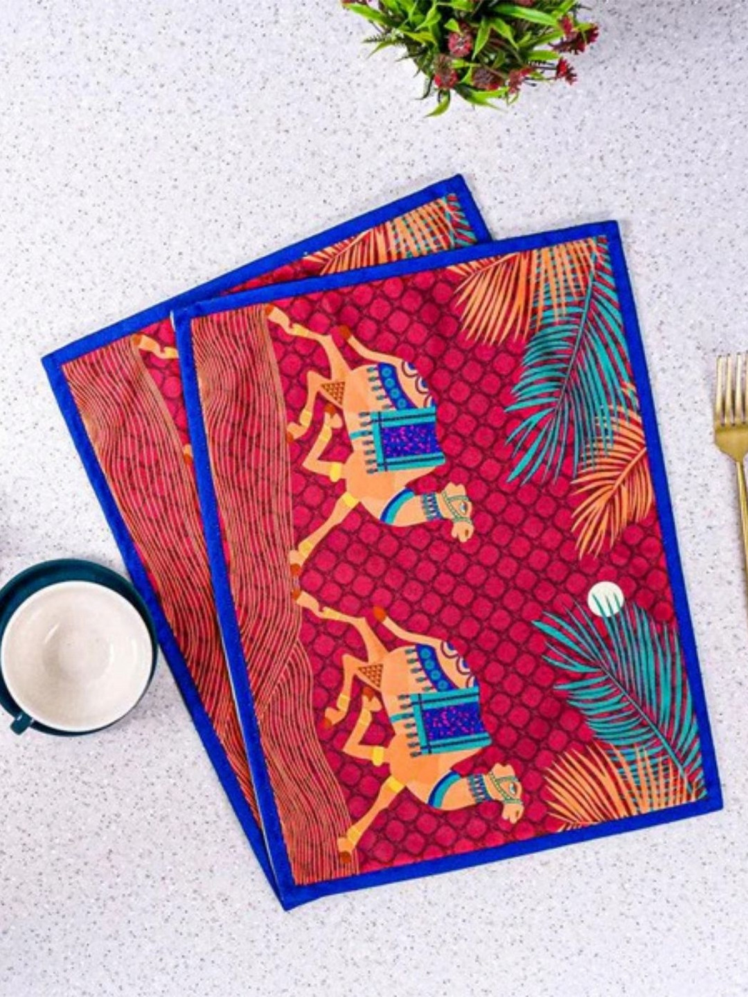 Indisca Designs Brown & Blue 2 Pieces Moonlit Camel Caravan Printed Table Placemats