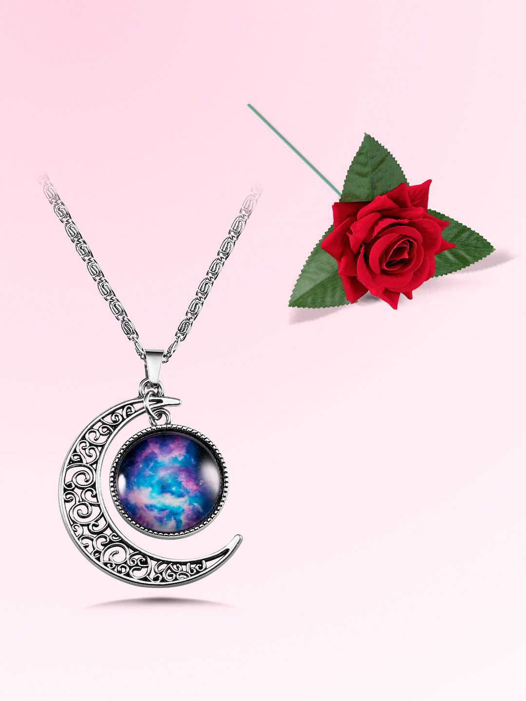 Peora Silver-Plated Stones Studded Crescent Cosmic Moon Pendant With Chain & Rose Flower