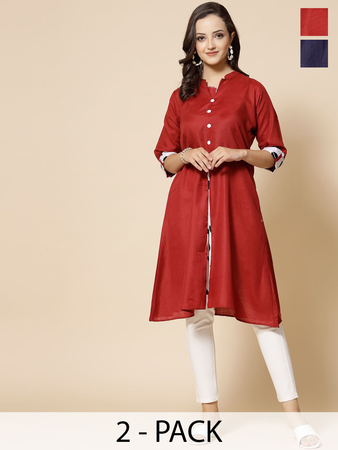 Moda Rapido Selection Of 2 Mandarin Collar Roll-Up Pure Cotton Sleeves A-Line Kurtas